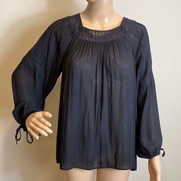 LOFT black long sleeve semi-sheer lace accent blouse top size S - Picture 1 of 9